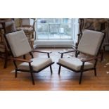 A PAIR OF FRENCH EASY CHAIRS, with teak arm rests, on metal adjustable fram