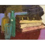 Brian Ballard RUA, b.1943 BOOKS AND BOTTLES Oil on board, 6" x 8" (15.25 x 20.25 cm), signed and