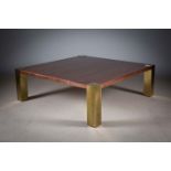 A WALNUT VENEERED SQUARE LOW TABLE, on square gilt legs, 124cm square x 41cm (h)