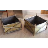 A PAIR OF BRUSHED METAL AND BRASS SQUARE PLANTERS, with lead liners, each 50cm square x 35cm (h).