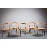 A SET OF SIX BENTWOOD ARMCHAIRS, BY TON, the shaped backs, with caned seats (6)