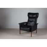 A LEATHER TALL BACK LIBRARY CHAIR, DANISH 1960s, BY HANS OLSEN, on rosewood tapering legs; CATALOGUE
