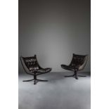 A PAIR OF FALCON CHAIRS BY SIGURD RESELL FOR VATNE MOBLER, NORWAY, with brown leather sling seats on