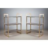 A PAIR OF GILT THREE TIER OPEN SHELVES, 1970s, with angular supports, 75cm (w) x 50cm (d) x 100cm (