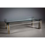 A CHROME AND GILT COFFEE TABLE, FRENCH 1970s, on block columnar supports, 120cm (w) x 60cm (d) x