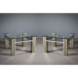 A PAIR CHROME AND GILT LOW TABLES EN SUITE, FRENCH 1970s, on block columnar supports, 55cm x 55cm