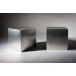 A PAIR OF BRUSHED METAL CUBE SIDE TABLES, 1970s, 40cm x 40cm x 40cm
