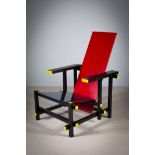 RED AND BLUE STYLE CHAIR after a design by Gerrit Thomas Rietveld, apparently unmarked.