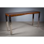 A WALNUT VENEERED HALL TABLE, ITALIAN, BY ZEVI, on a chrome base, 151cm (w) x 45cm (d) x 78cm (h)