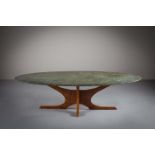 AN OVAL MARBLE TOPPED COFFEE TABLE, 1970s, on a splayed rosewood base, 129.5cm (w) x 63.5cm (d) x