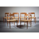 A SET OF SIX TEAK DINING CHAIRS, DANISH, with plain backs, above rush seats, on tapering legs (6)