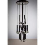 A CHROME AND GLASS HANGING CENTRE LIGHT BY GAETANO SCIOLARI, 110cm (h)