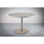 A CIRCULAR DINING TABLE ON CHROME POD BASE, 112cm diameter x 72cm (h)