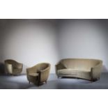 A FINE UPHOLSTERED ITALIAN THREE PIECE SUITE, 1960s, ATTRIBUTED TO ICO PARISI, comprising a pair