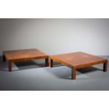 A PAIR OF SQUARE BURR WALNUT LOW TABLES, FRENCH 1970s, on square legs, 90cm x 90cm x 27cm (h)