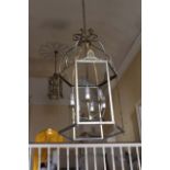 A HEXAGONAL BRASS 6 LIGHT HALL LANTERN,