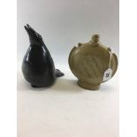 A 20TH CENTURY LEACH STONEWARE PILGRIM FLASK of circular form with central hatched/triple cross