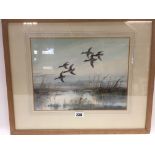ROLAND GREEN, British, 1896-1972, watercolour, ducks in flight over marshland, signed,