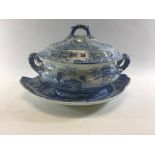 AN EARLY 19TH CENTURY SPODE TRANSFER PRINTED OVAL TOWER PATTERN SOUP TUREEN, COVER AND STAND,