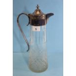 AN EDWARDIAN CUT-GLASS CLARET JUG of tapering cylindrical form with a silver-plated mount and