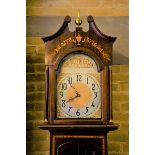 AN EDWARDIAN INLAID MAHOGANY LONGCASE CLOCK, arched silvered dial with Arabic numerals,