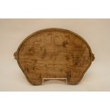 A ROBERT MOUSEMAN THOMPSON OAK SHAPE SIDED TRAY, with carved mouse signature to either side,