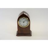 AN EDWARDIAN MAHOGANY LANCET CASED MANTLE CLOCK,