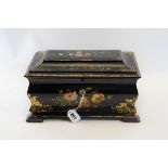 A VICTORIAN RECTANGULAR BOMBE SIDED PAPIER-MACHE TEA CADDY with painted floral and mother-of-pearl