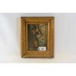 AN EARLY 20TH CENTURY OIL ON OAK PANEL depicting a gentleman beside a seated lady with a lyre,