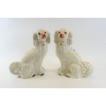 A PAIR OF 19TH CENTURY WHITE GLAZED STAFFORDSHIRE SPANIEL DOGS with painted eyes and muzzles and