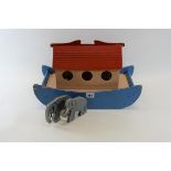 A 1950/60'S PAINTED WOODEN NOAHS ARK with animals, 16 1/2 ins x 7 1/2 ins.