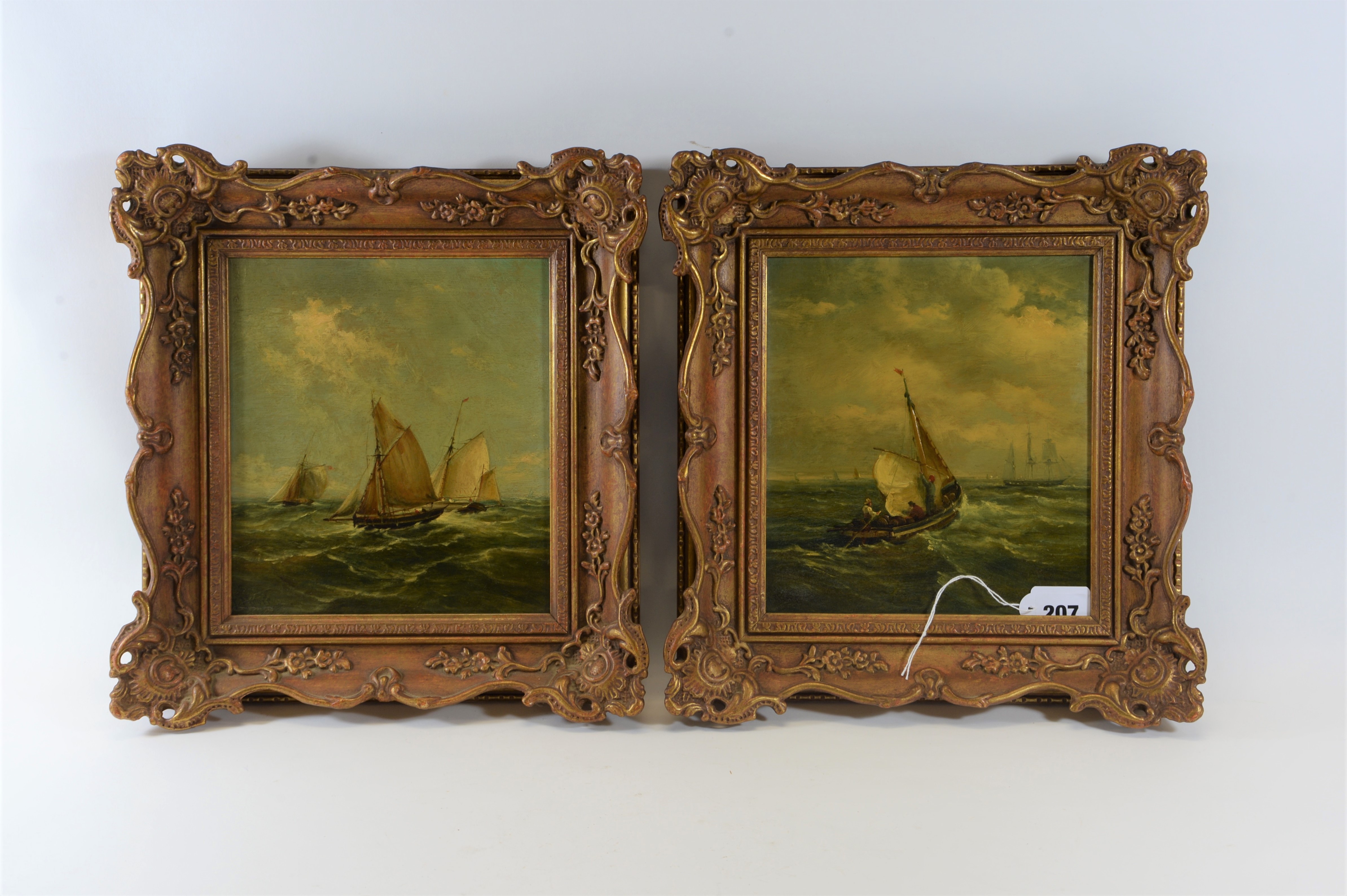 JOHN MOORE OF IPSWICH, British, 1820-1902, oils on panel, a pair of seascapes, signed,