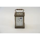 A 20TH CENTURY BRASS CASED "EPEE" MULTI DIAL REPEATING CARRIAGE CLOCK with white enamel dial and