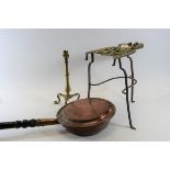 A 19TH CENTURY BRASS TRIVET on wrought iron base, a brass Pullman TABLE LAMP,