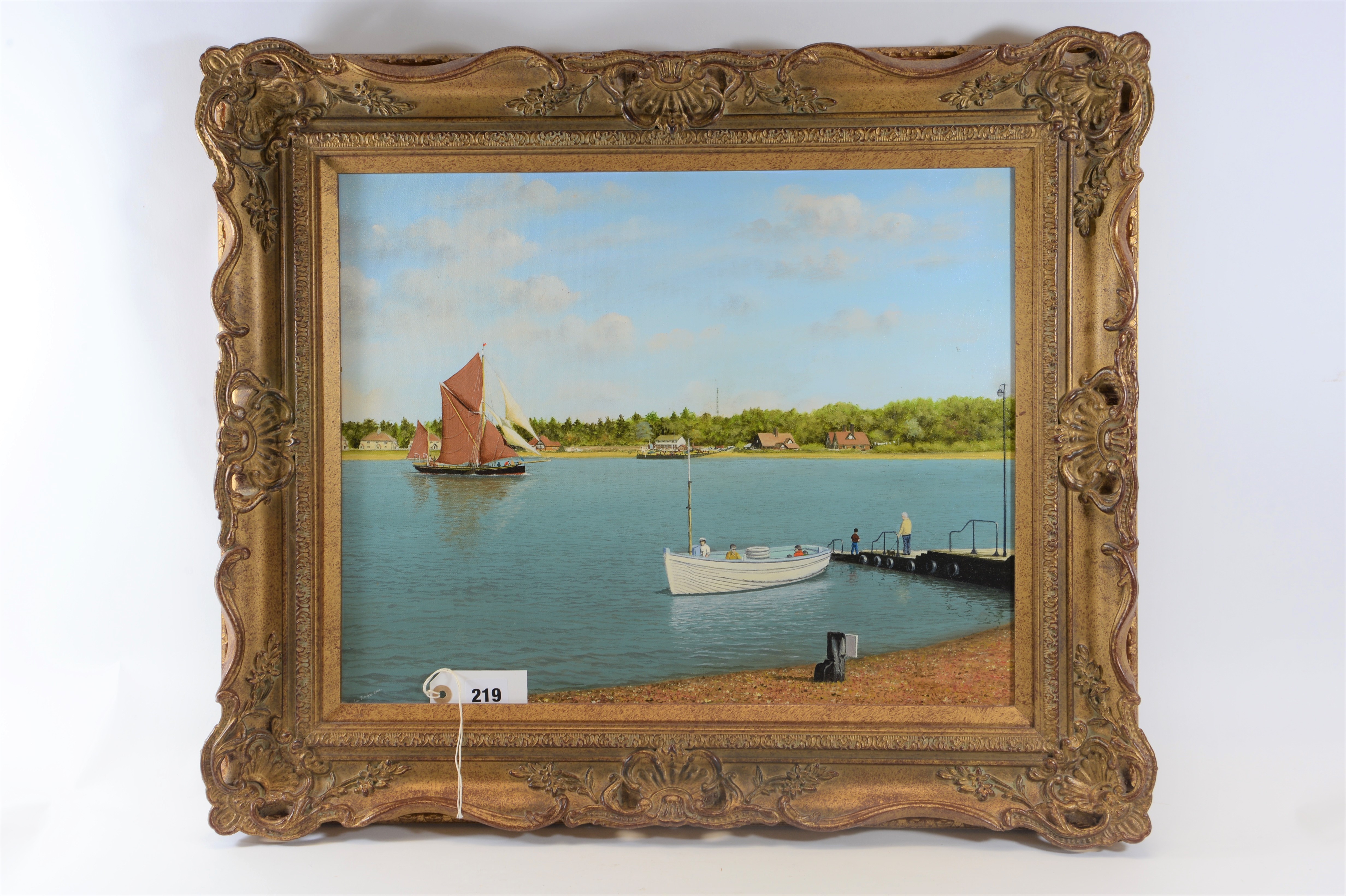 LEN BRIDGES, oil on canvas, figures in boats, 15 ins x 19 ins, in a gilt frame.