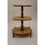 AN UNUSUAL 19TH CENTURY SATIN BIRCH THREE TIER DISPLAY STAND with shape sided rectangular graduated