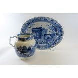 AN EARLY 19TH CENTURY OVAL SPODE BLUE AND WHITE TRANSFER "EASTERN SCENE" MEAT PLATE with exotic