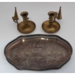 Silver plate tray together with 2 brass chamber sticks CONDITION: Please Note - we