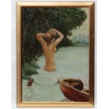 Jo Blondeel XX Belgian, Oil on canvas, Female nude bathing in a river, Signed lower left,