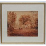 Indistinctly Signed XVIII English School, Pencil and watercolour, Wooded lane with farmstead ,