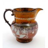 A 19thC Copper luster jug having sunderland lustre border decorated with camp scenes. 6'' high.