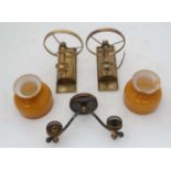 Pair of wall lights with amber glass shades CONDITION: Please Note - we do not