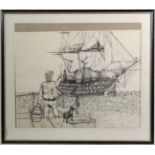 M L Huggett XX, Pen ink, Waving to The Victory ship, Signed lower right, Aperture 19 1/2 x 23 5/8".