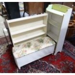 Painted white bookcase and green and white painted bookcase and Lloyd loom style linen basket (3)