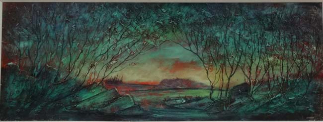 Jack Ray (XX) Retro, Relief oil on board, Sunset through trees, Signed lower right, - Image 2 of 4