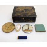 Oriental lacquer box containing assorted powder compacts etc CONDITION: Please Note