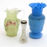 3 various glass items comprising a blue glass short vase with flared rim,