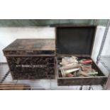 Tin trunk containing assorted miscellaneous items, kitchenalia,