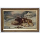 R S Mott (Fl 1871 - 1881), Oil on canvas, Sheep in the snow eating hay from a feeder,