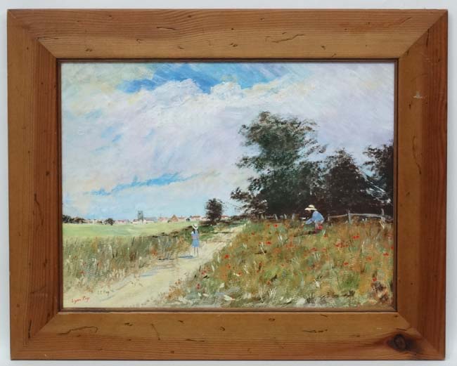 Lynn Page 1996, Oil on board, Picking wild flowers, Signed and dated lower left.